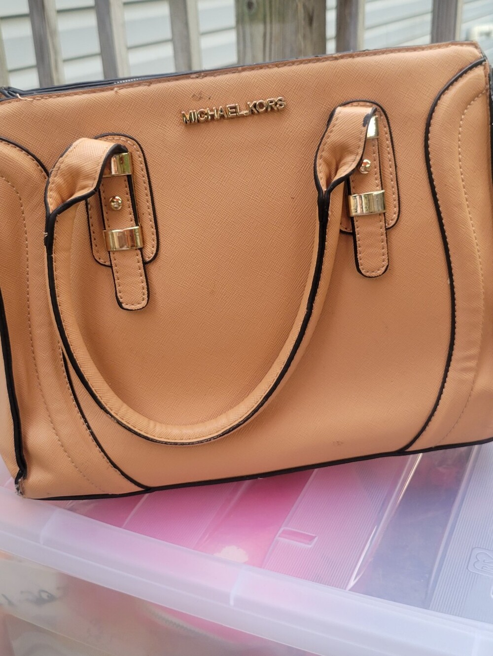 Michael Kors Peach-Tan Pebbled Leather Satchel with Black Trim
